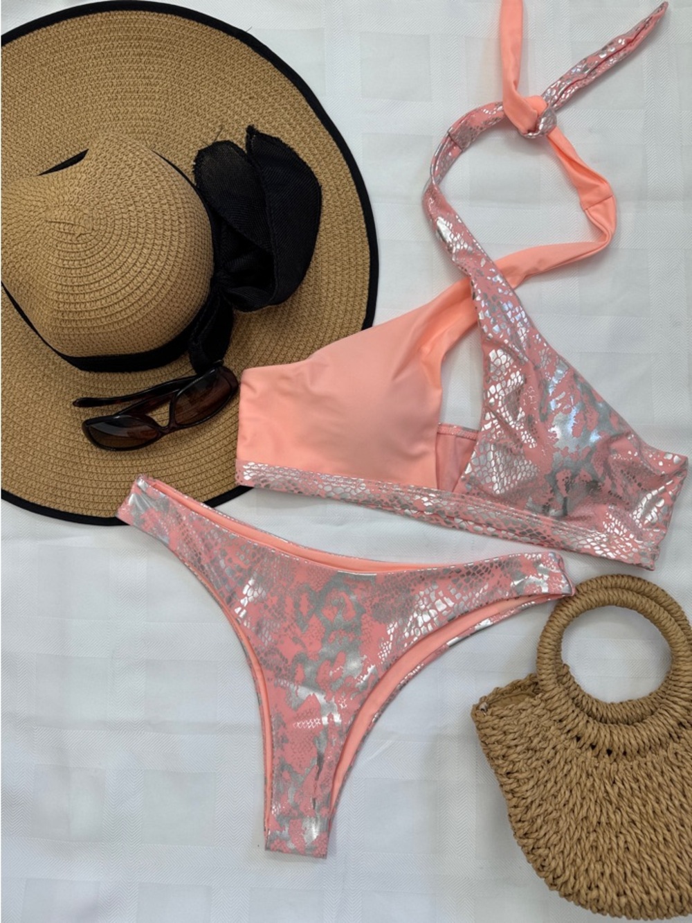 NEW SHEIN Coral Pink Metallic One-Shoulder Bikini Set